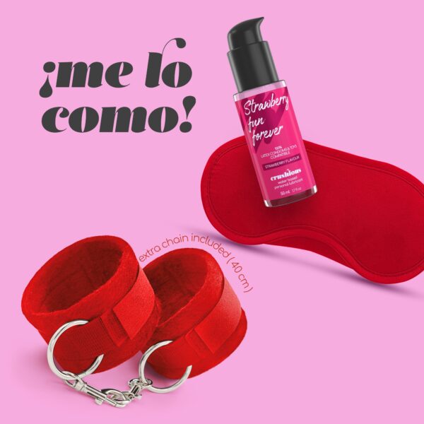 ME LO COMO CONJUNTO DE ESPOSAS DE VELCRO + ANTIFAZ SATINADO Y LUBRICANTE BESABLE DE FRESA CRUSHIOUS - Imagen 8