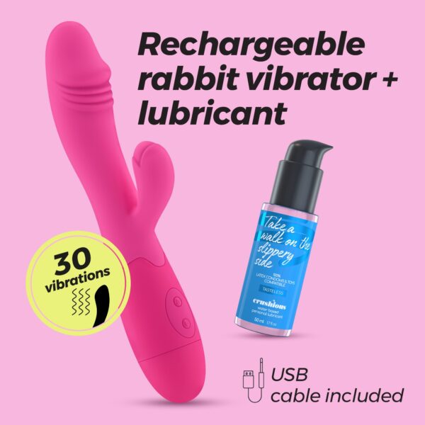 VIBRADOR RECARGABLE CON ESTIMULADOR DE CLÍTORIS BLOSSOMS ROSA FUERTE Y LUBRICANTE DE BASE AGUA INCLUIDO CRUSHIOUS - Imagen 12