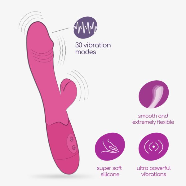 VIBRADOR RECARGABLE CON ESTIMULADOR DE CLÍTORIS BLOSSOMS ROSA FUERTE Y LUBRICANTE DE BASE AGUA INCLUIDO CRUSHIOUS - Imagen 5