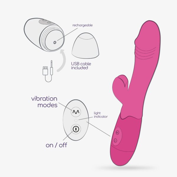 VIBRADOR RECARGABLE CON ESTIMULADOR DE CLÍTORIS BLOSSOMS ROSA FUERTE Y LUBRICANTE DE BASE AGUA INCLUIDO CRUSHIOUS - Imagen 6