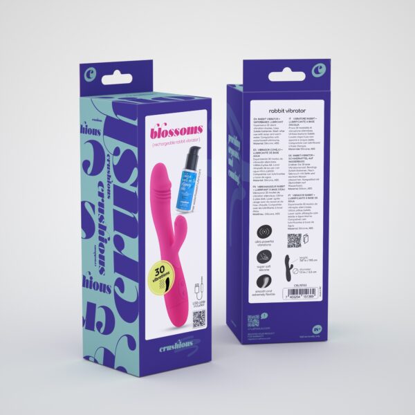 VIBRADOR RECARGABLE CON ESTIMULADOR DE CLÍTORIS BLOSSOMS ROSA FUERTE Y LUBRICANTE DE BASE AGUA INCLUIDO CRUSHIOUS - Imagen 11