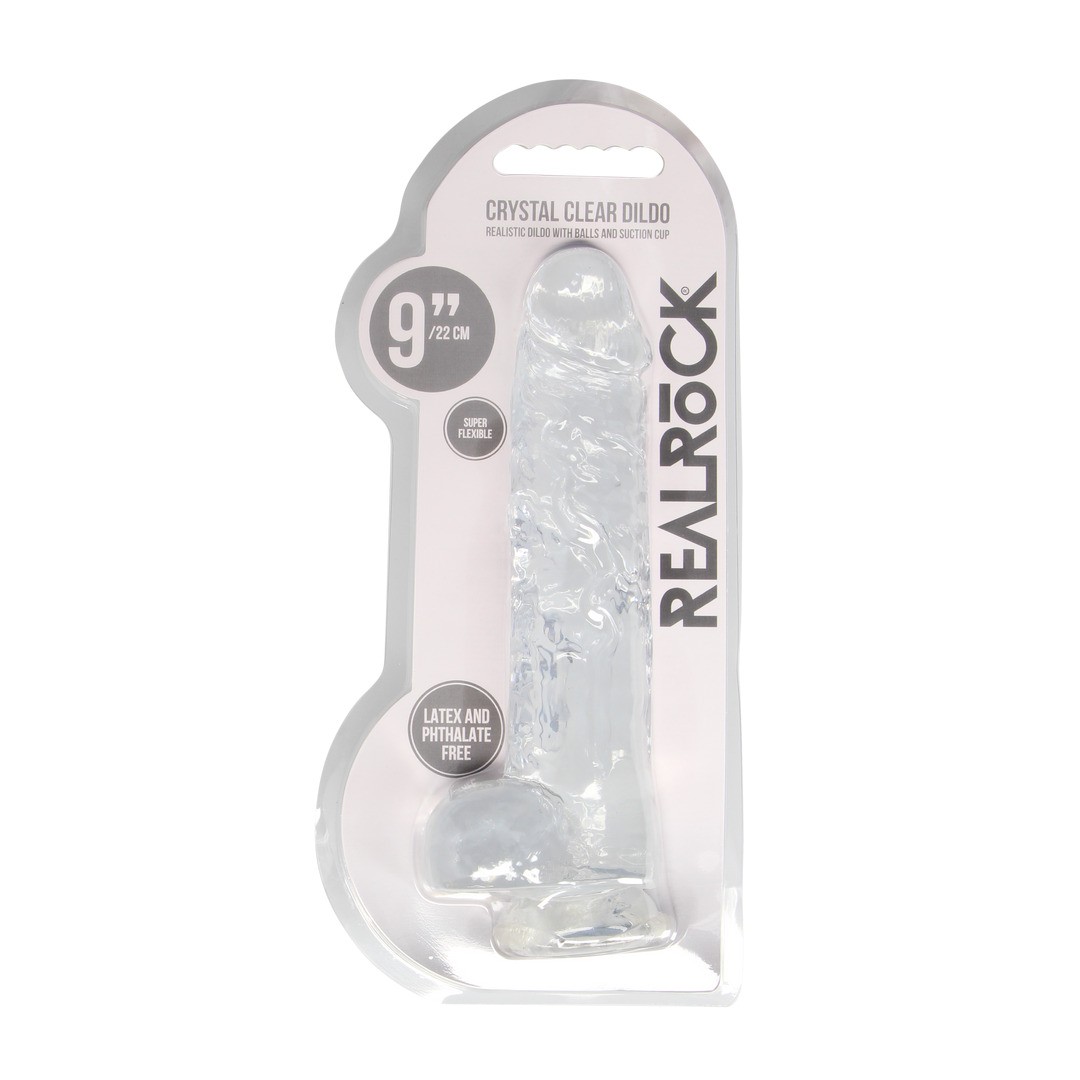 DILDO REALISTA CON TESTICULOS CRYSTAL CLEAR 9 /23CM TRANPARENTE REALROCK